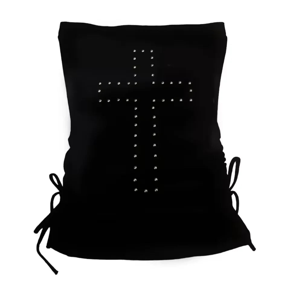 Black strapless tube top featuring a rhinestone-embellished cross design and side drawstring tie details.