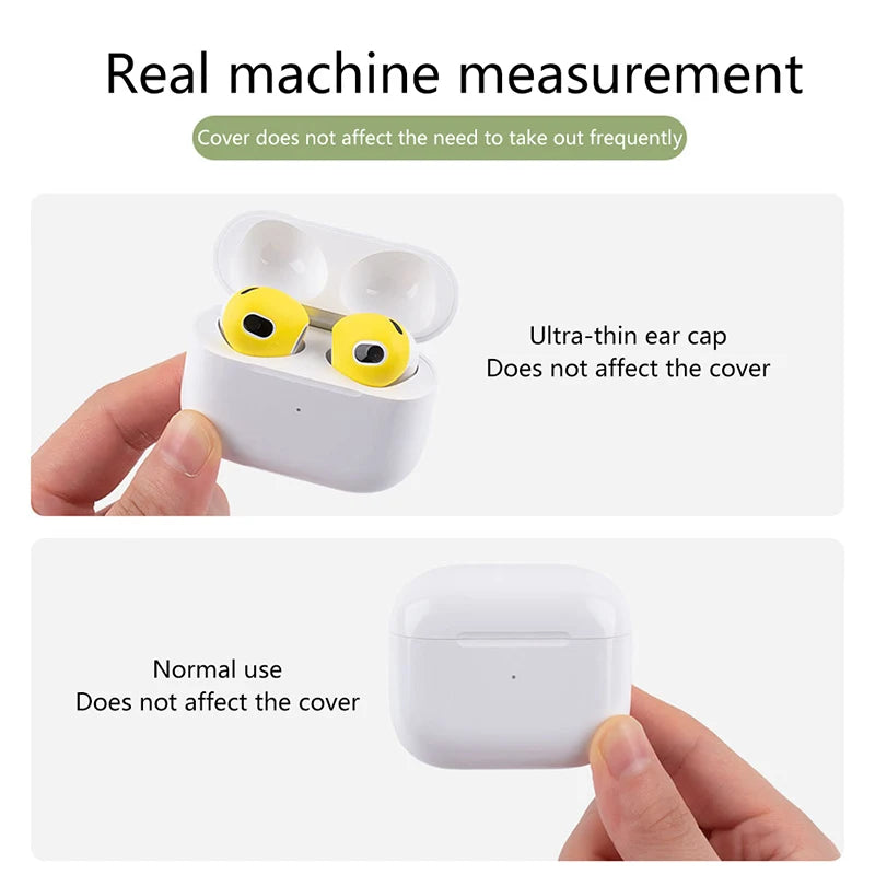Bright yellow silicone ear tip covers for AirPods 3, shown fitted inside the white charging case.