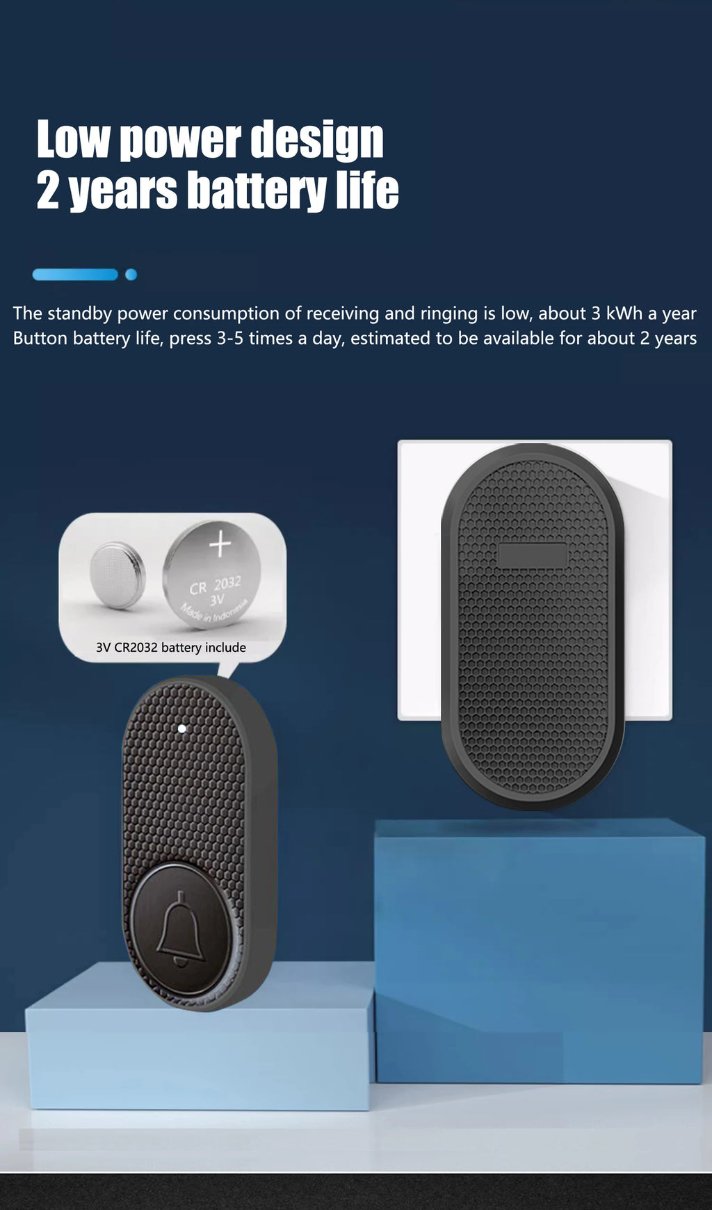 Modern black oval wireless doorbell with a textured honeycomb surface, shown with a two-year life button battery.