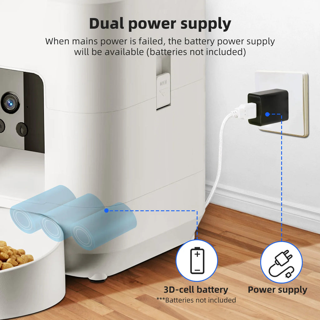 White automatic pet feeder featuring dual power options: USB wall plug and D-cell battery compartment.