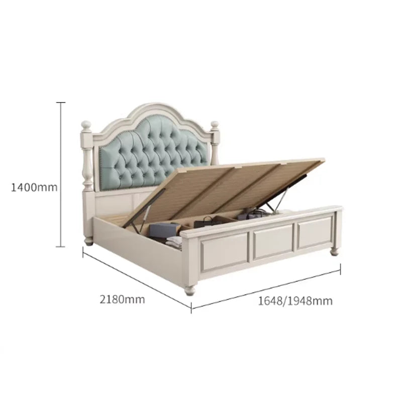 Cream wooden double bed frame with a button-tufted sage green headboard and a gas-lift storage base.