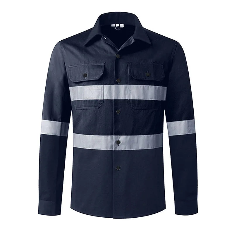 Navy blue men's long-sleeve work shirt with chest pockets and silver reflective hi-vis safety tape across the torso.