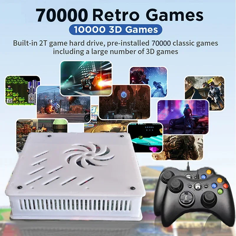 White X8 retro game console with cooling fan and two black controllers against a 70,000 games background.