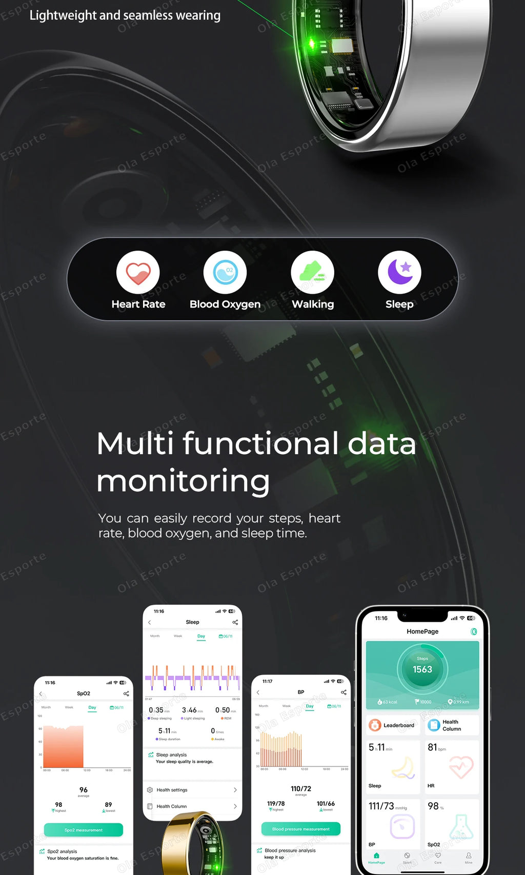 Sleek silver smart fitness ring tracking heart rate, blood oxygen, steps, and sleep, shown with its companion app.