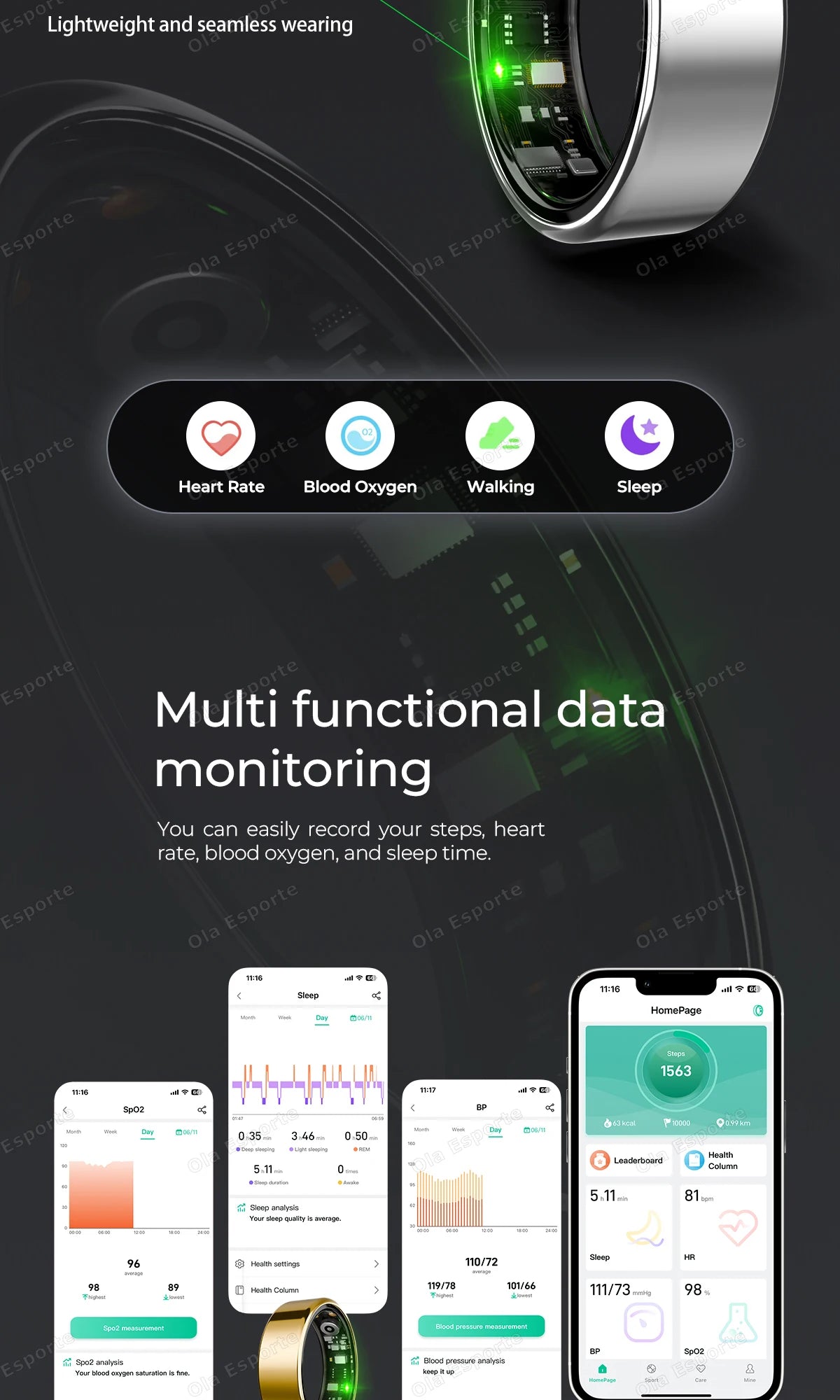 Sleek silver smart fitness ring tracking heart rate, blood oxygen, steps, and sleep, shown with its companion app.