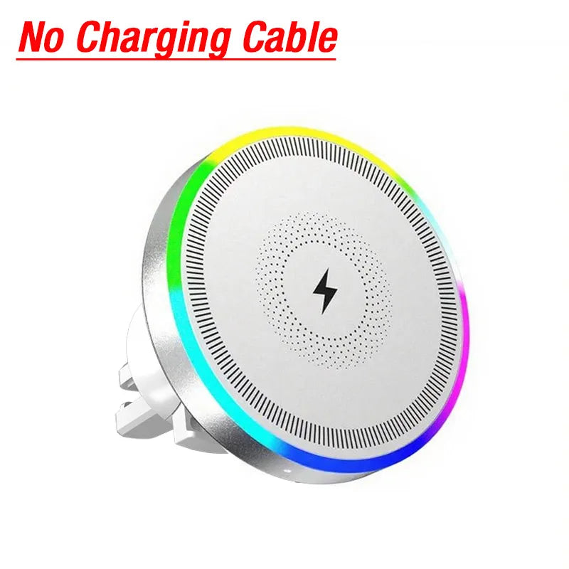 Round silver wireless charger with RGB LED ring edge and central lightning icon. Text "No Charging Cable" included.