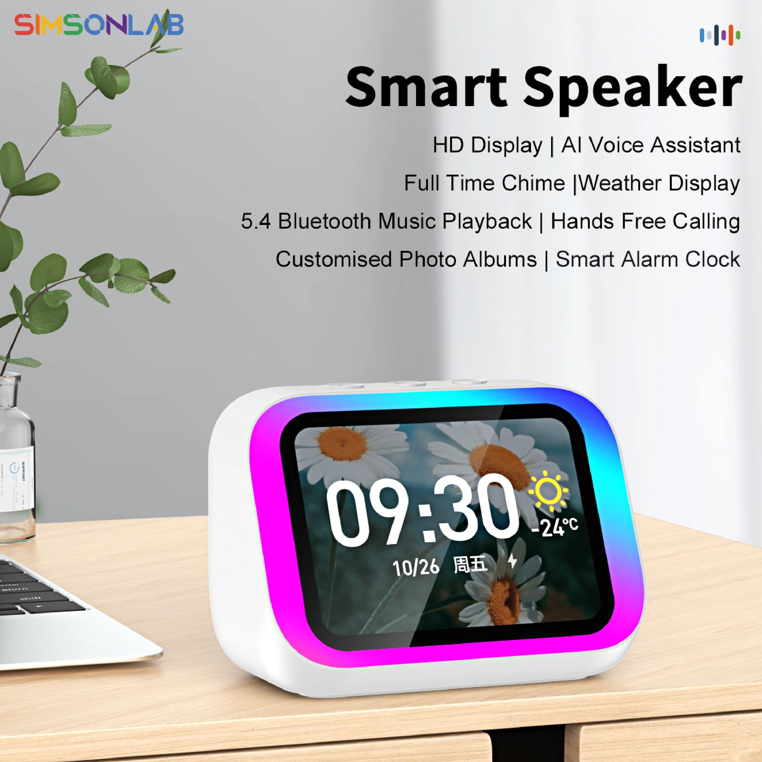 White smart speaker with a vibrant LED-lit screen displaying time, weather and daisy wallpaper on a desk.