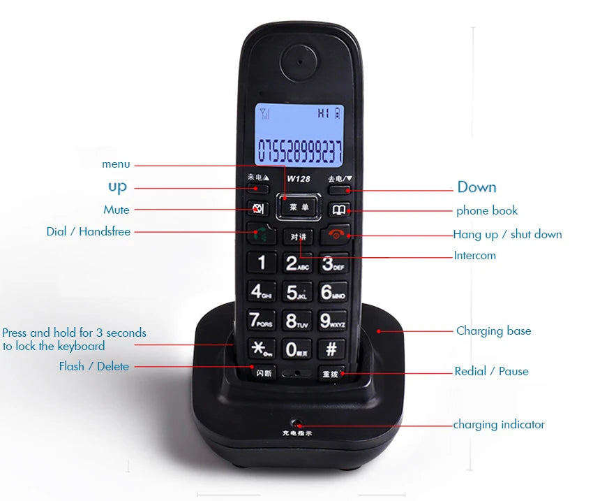 Black cordless telephone on a charging base, featuring a digital display, backlit keypad, and labelled function buttons.