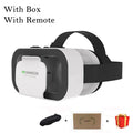 Black and white VR Shinecon virtual reality headset with adjustable straps, remote, box, and gift.