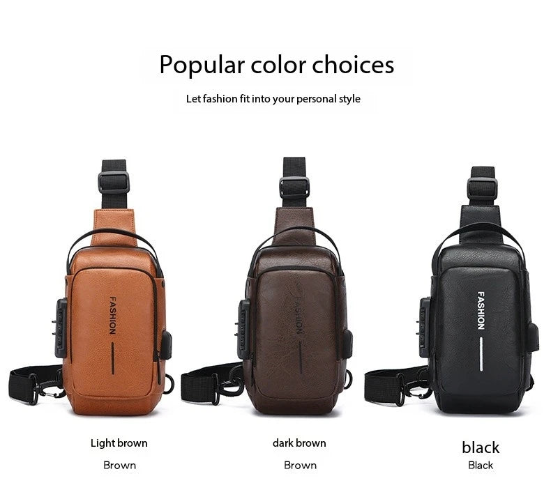 Three men's anti-theft crossbody sling bags with USB ports, available in light brown, dark brown, and black.