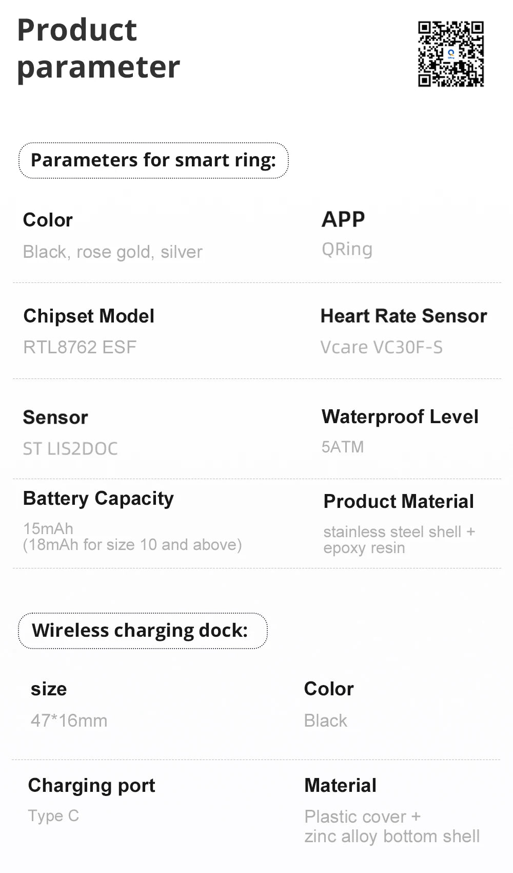 A product specification list for a stainless steel smart ring available in black, rose gold, and silver.