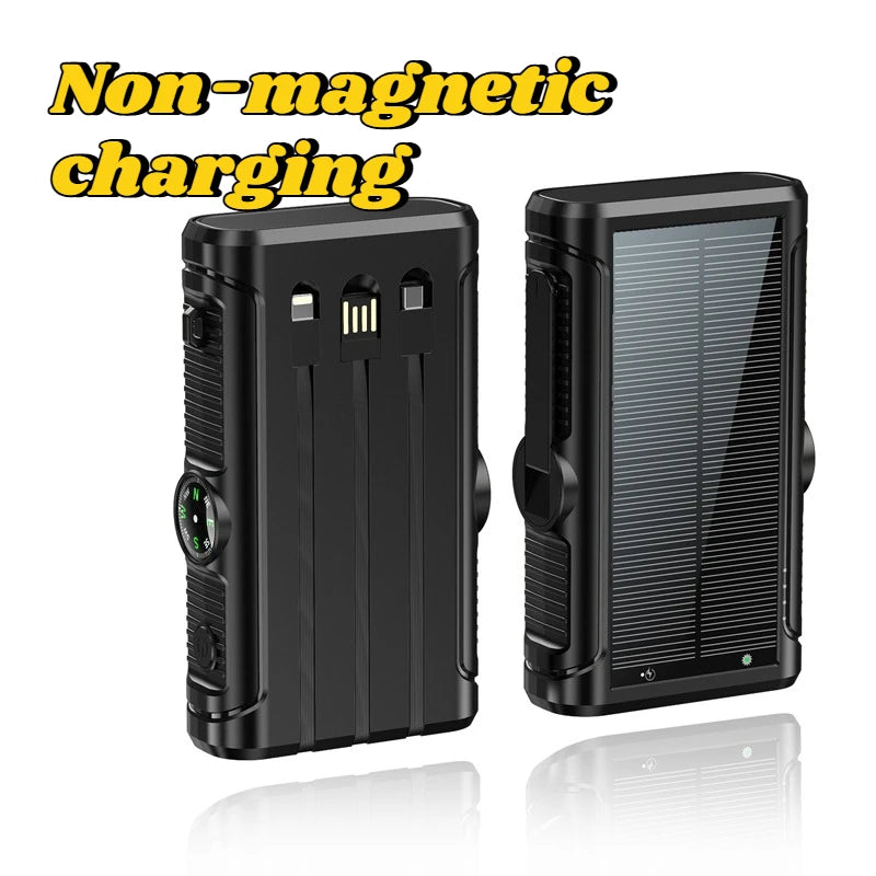 Black 20000mAh solar power bank featuring built-in cables, a side compass, and a solar panel charging surface.