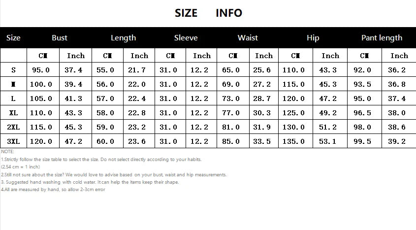 Size chart table displaying measurements in centimetres and inches for bust, length, sleeve, waist, hip, and pant length.