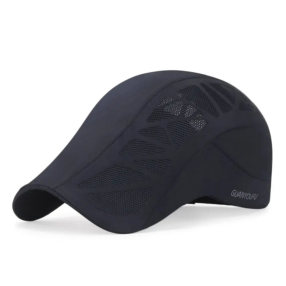 A black men's newsboy flat cap featuring a modern geometric mesh panel design for ventilation.