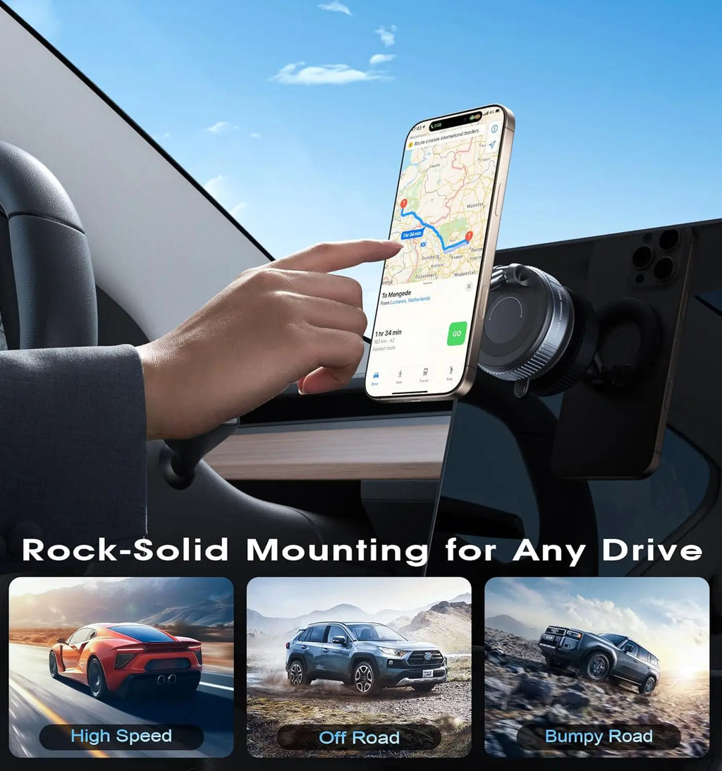 Magnetic car phone mount attached to a vehicle dashboard, holding a smartphone with a navigation map displayed.