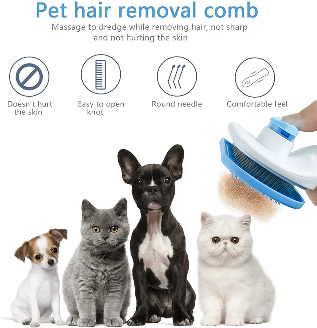 Blue and white pet hair removal comb with round needles, shown with four dogs and cats and feature icons.