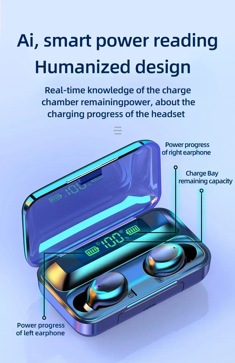 Wireless earbuds in a sleek, metallic blue charging case with a digital battery display.