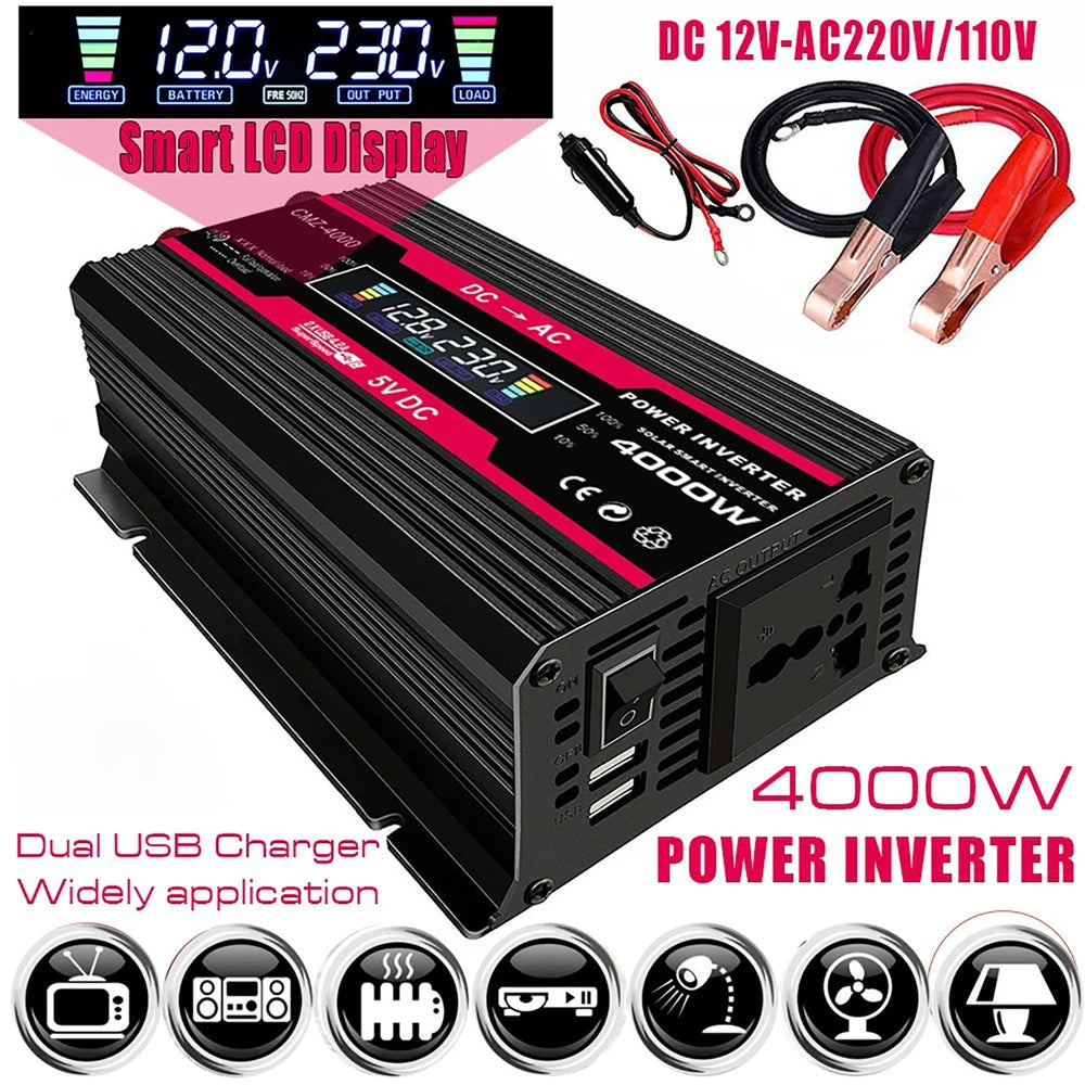 Black and red 4000W power inverter with an LCD display, dual USB ports, and included battery connection cables.