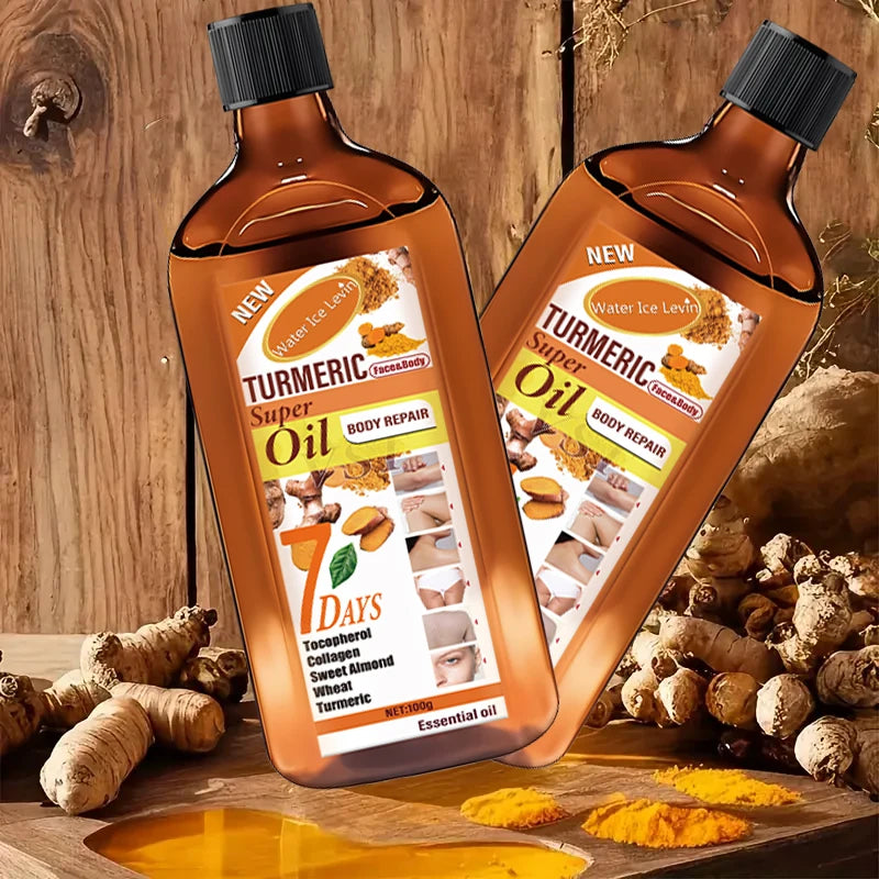 Two amber bottles of Turmeric Super Oil for face and body, featuring natural ingredients, on a rustic wooden background.