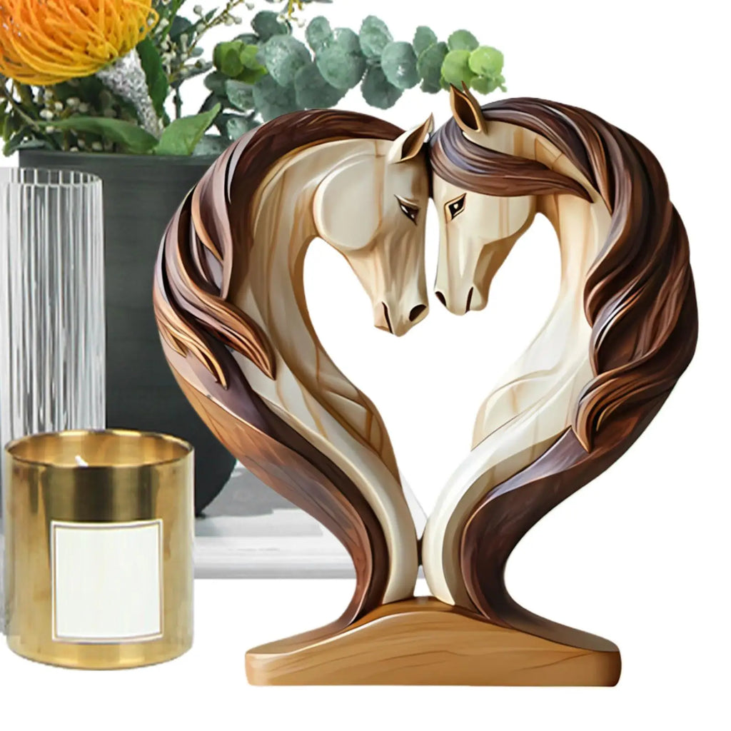 Decorative wooden-style statue of two horses with flowing manes forming a heart shape, set on a smooth wooden base.