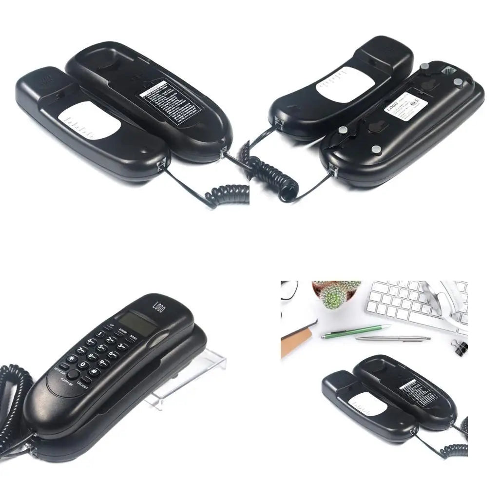 Black wall-mountable corded telephone with caller ID screen, numeric keypad, and coiled handset cord.