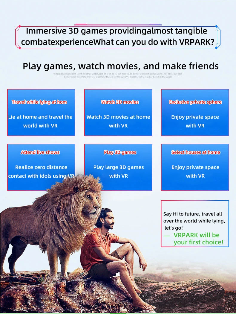 Promotional graphic for VR headsets featuring a man sitting on a cliff next to a lion, with text boxes detailing uses.