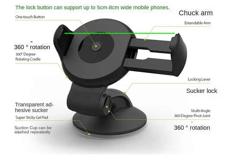 Black universal car phone mount with adjustable arms, suction cup base, and 360-degree rotation for flexible viewing.
