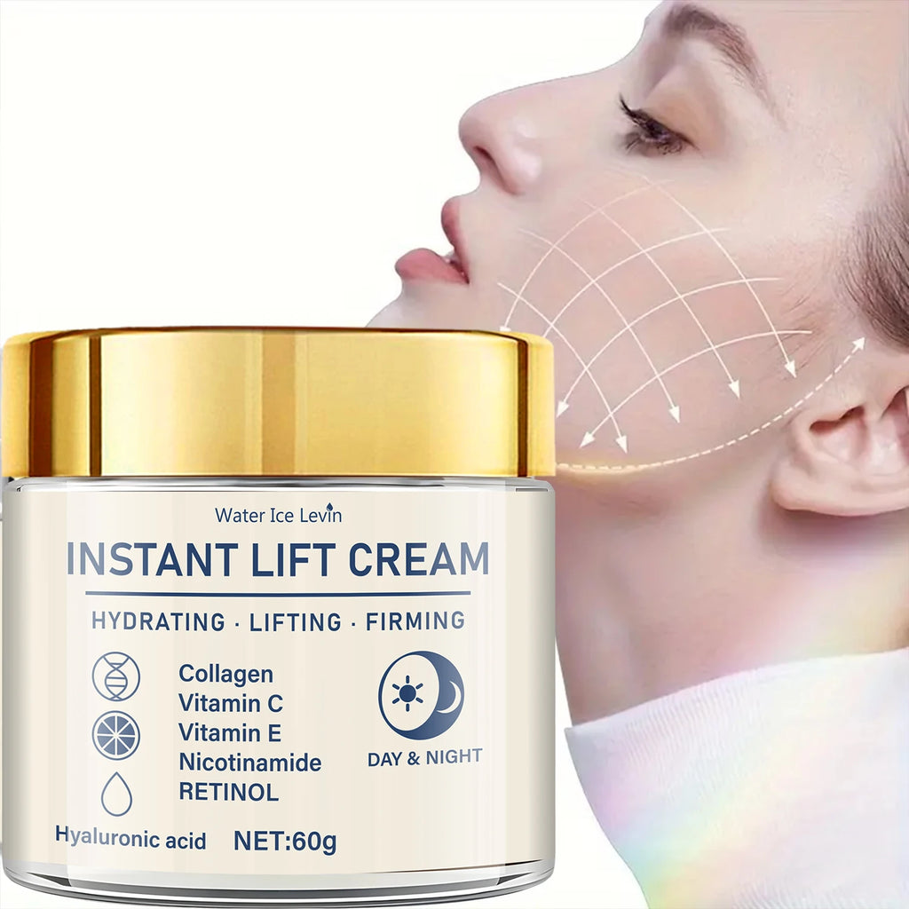 60g instant lifting and firming face cream in a white jar with a gold lid, featuring hydrating key ingredients.