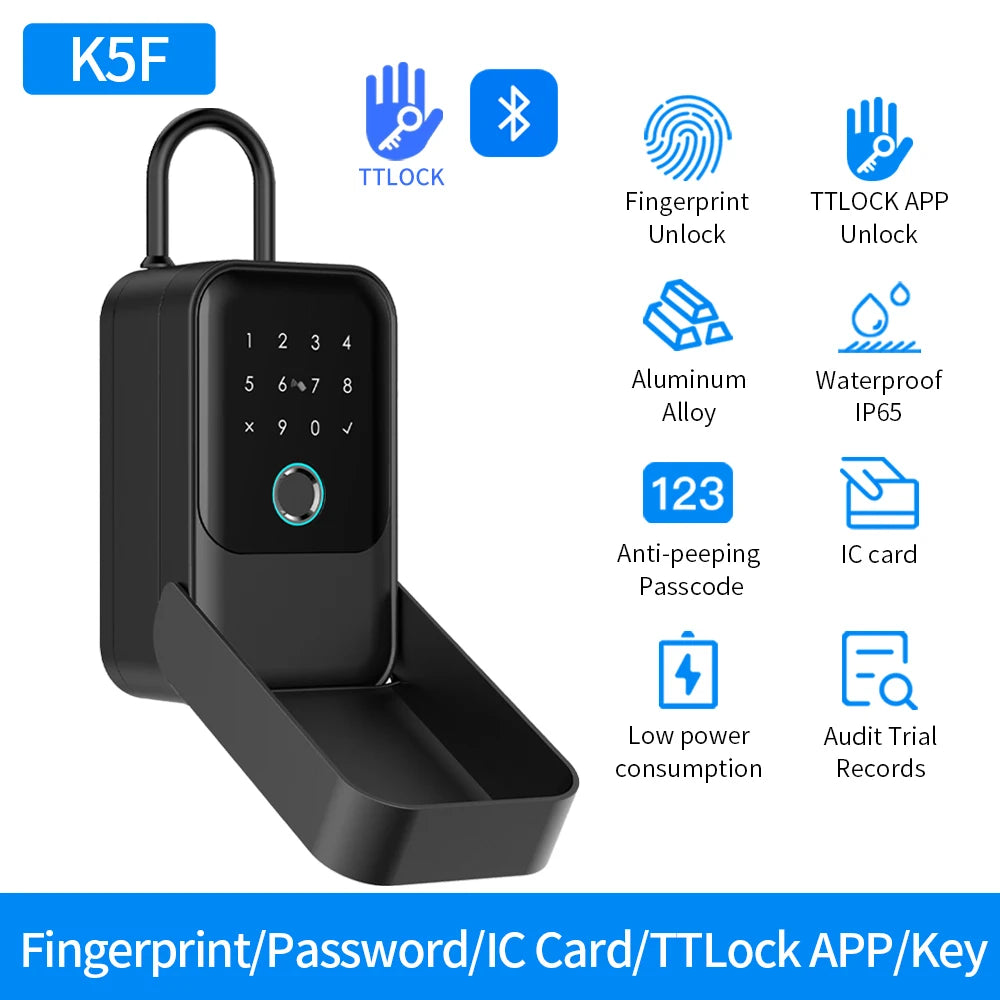 Black aluminum alloy smart key lock box with fingerprint, keypad, Bluetooth, IC card, and app access features.