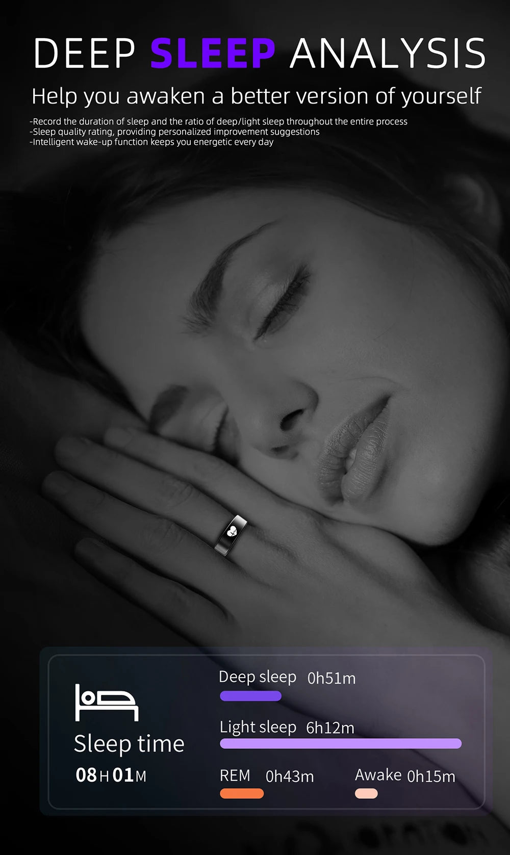 A woman sleeping while wearing a slim, silver smart fitness ring that tracks sleep stages and heart health.