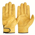A pair of durable, yellow PU leather utility work gloves with reinforced palms and adjustable wrist straps.