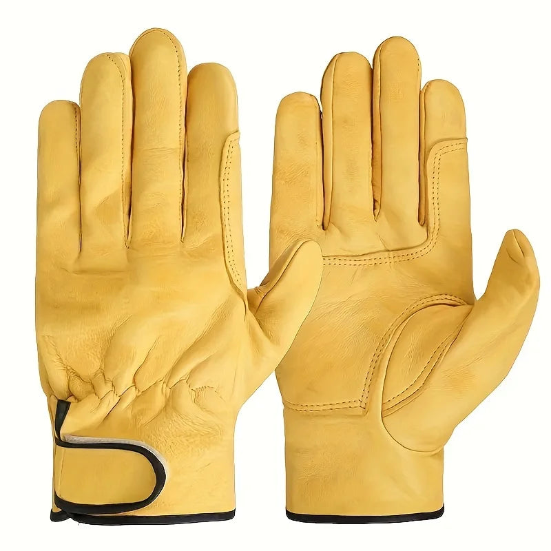 A pair of durable, yellow PU leather utility work gloves with reinforced palms and adjustable wrist straps.