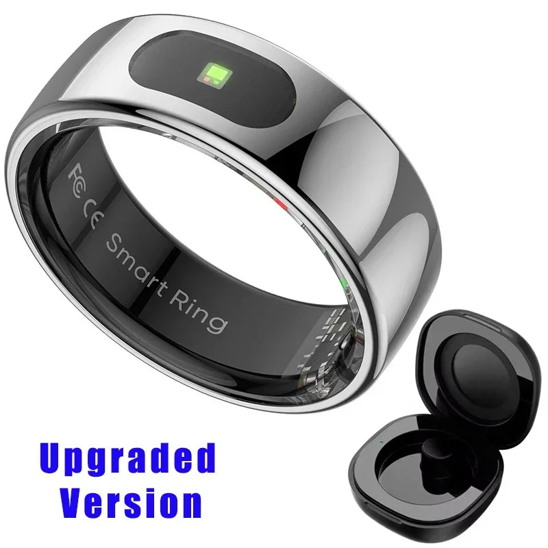 Sleek, silver smart fitness ring with integrated health sensor and matching black charging case.