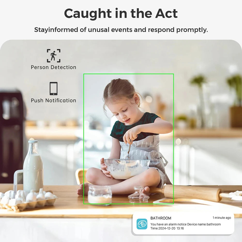 A child sitting on a counter, framed in green by a camera's person detection feature, triggering a push notification.