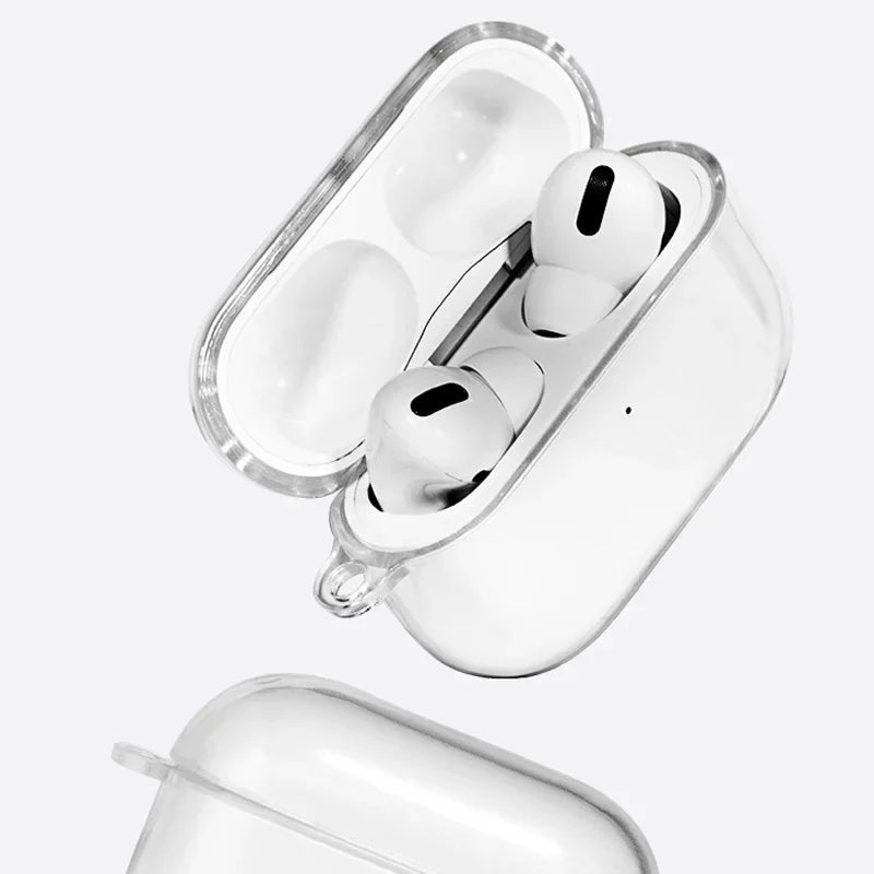 Clear, protective plastic case for Apple AirPods Pro, featuring a sleek, transparent design.