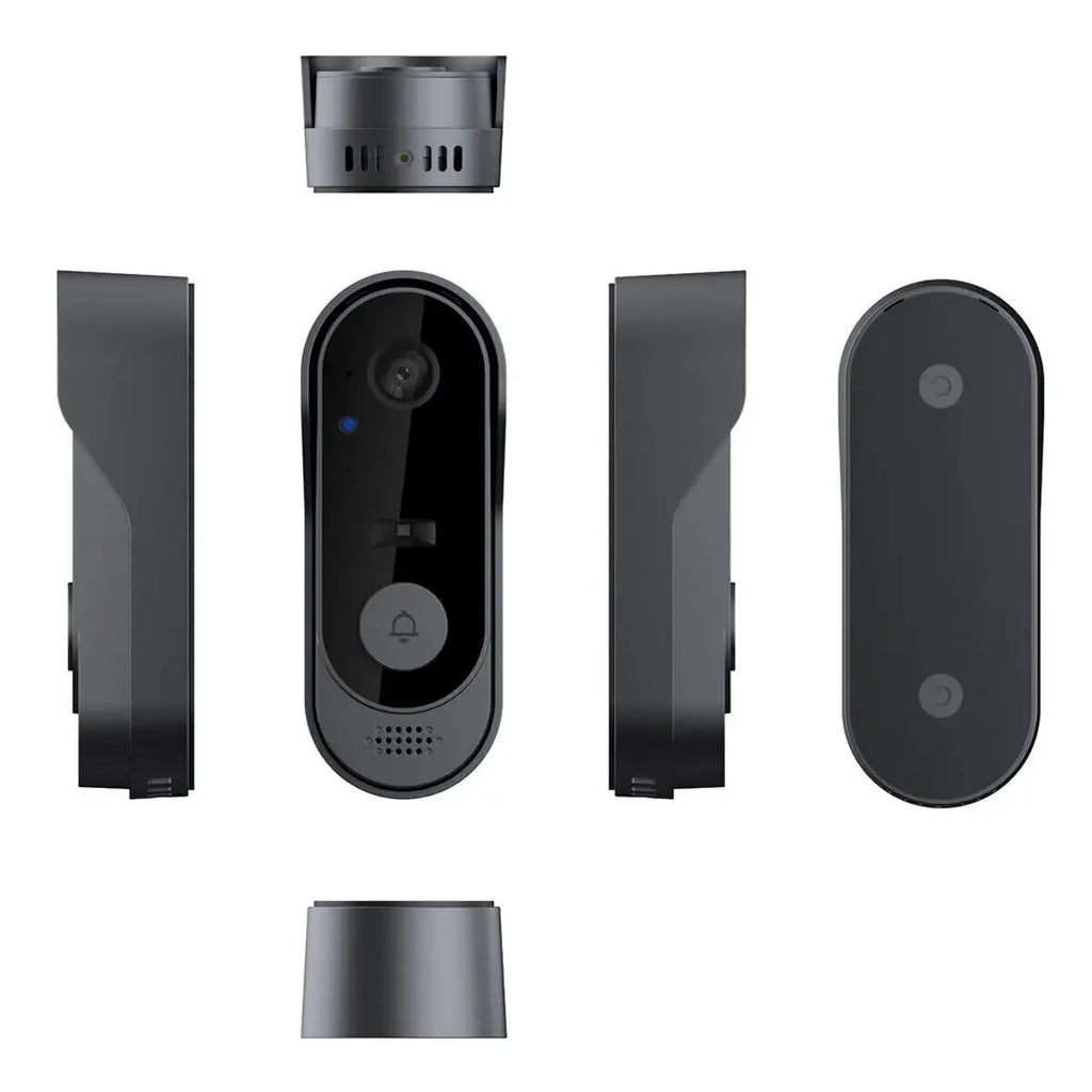 Black, sleek, wireless smart video doorbell shown from multiple angles with a central camera lens and doorbell button.