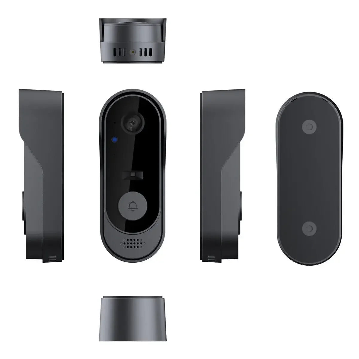 Black, sleek, wireless smart video doorbell shown from multiple angles with a central camera lens and doorbell button.