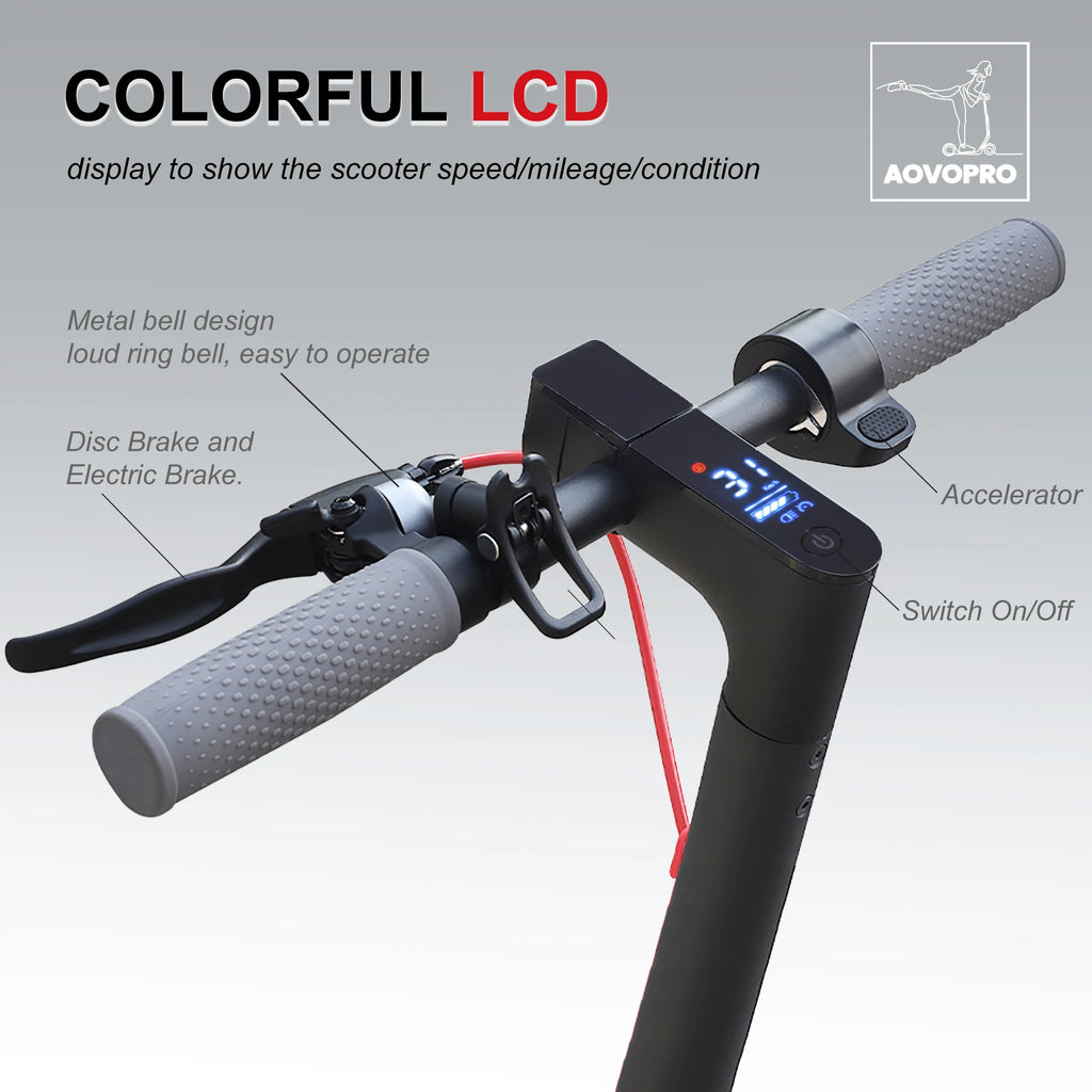 AOVOPRO black electric scooter handlebars with gray textured grips, LCD screen, brake lever, and accelerator.