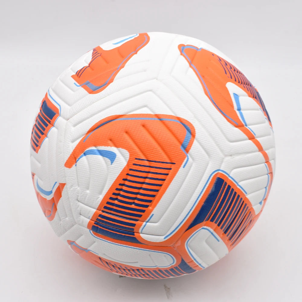 White football with orange and blue abstract graphic panels and a textured surface, isolated on a white background.