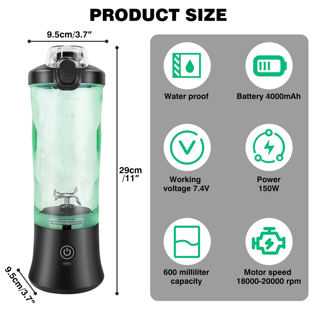 Portable 600ml electric blender with a translucent green cup and black base, showing dimensions and specifications.