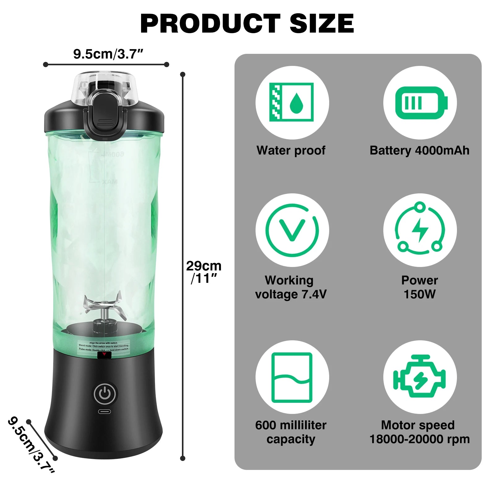 Portable 600ml electric blender with a translucent green cup and black base, showing dimensions and specifications.
