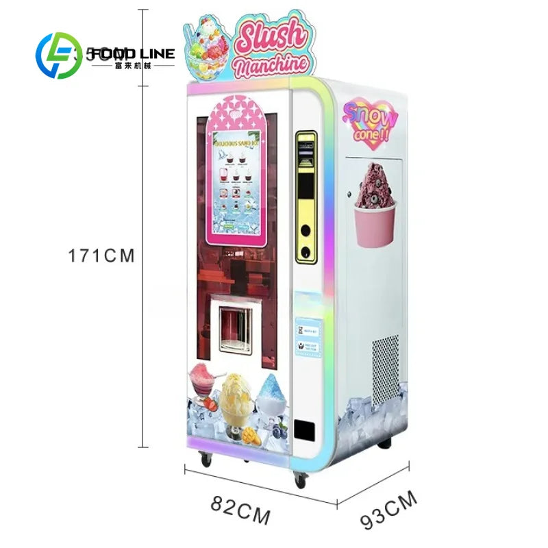 White and silver automatic slush vending machine with touchscreen, POS, and colorful graphics.