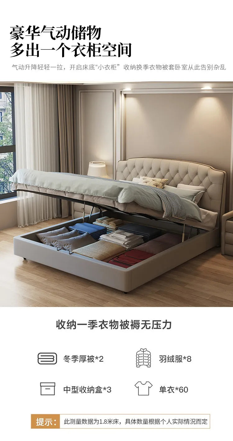 Modern luxury queen-size beige upholstered bed with a button-tufted headboard and convenient gas-lift storage base.