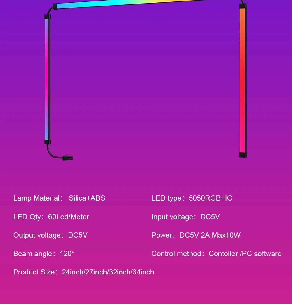 U-shaped RGB LED backlight strip for TVs and monitors, displaying vibrant multi-coloured lighting effects.