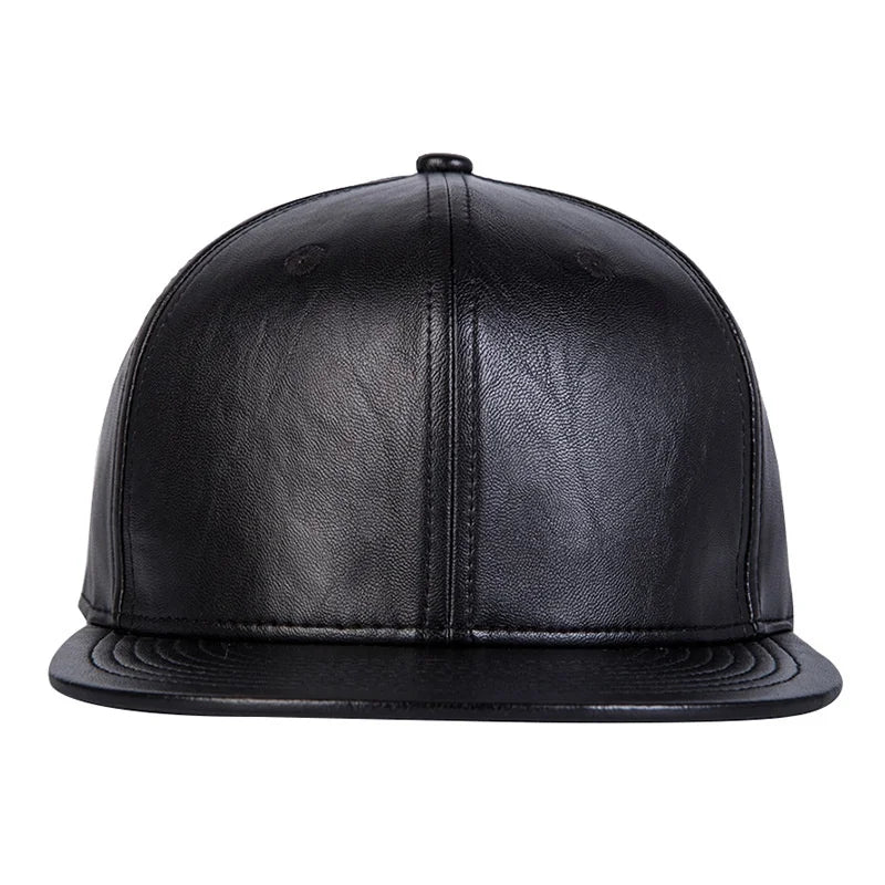 A black faux leather baseball cap with a classic six-panel design and a flat brim.