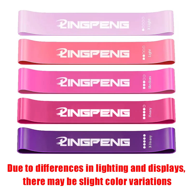 Five resistance bands in graduated shades from light pink to dark purple, labelled by strength from X-Light to X-Heavy.