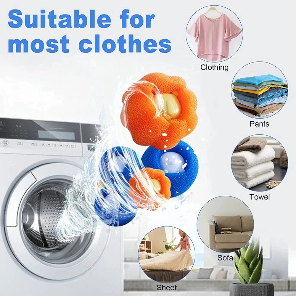 Orange and blue laundry sponge hair removers shown spinning near a washing machine with icons for clothes and linens.
