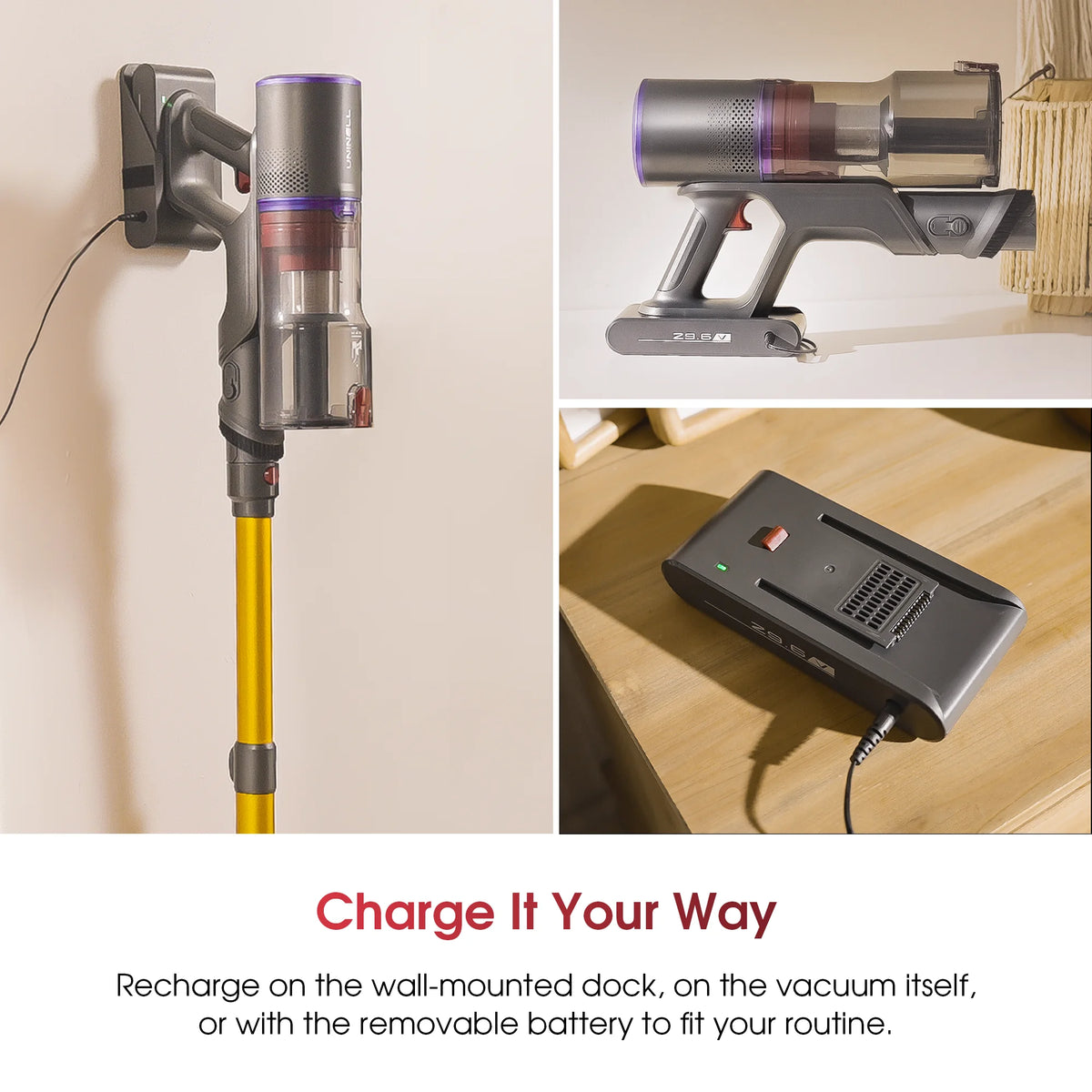 Gray cordless stick vacuum with yellow wand docked on wall, handheld unit, and separate charging base.