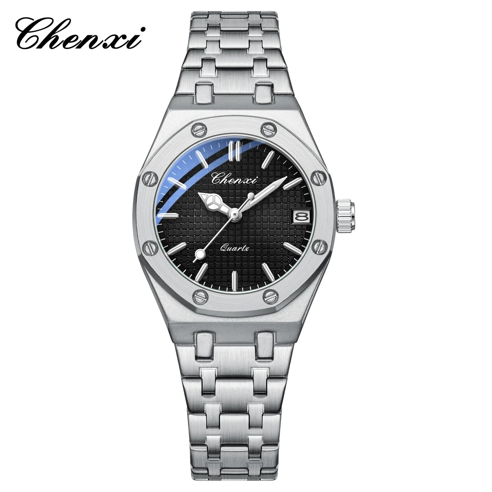Luxury silver stainless steel women's analogue watch with a textured black dial and date display.