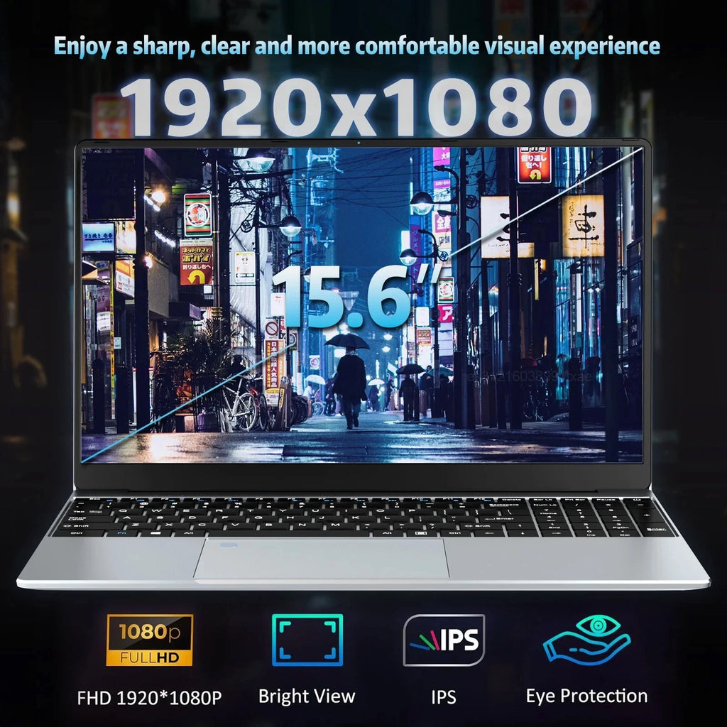 Silver 15.6-inch laptop with a slim, sleek design, FHD display, and comfortable keyboard layout.